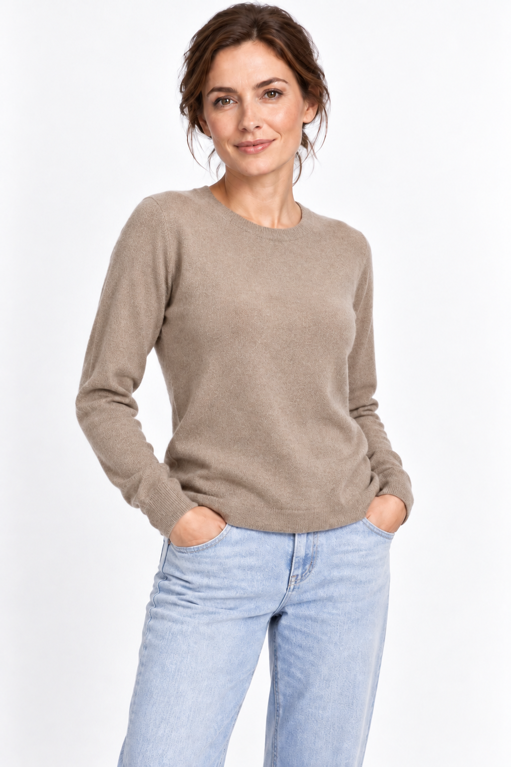 Circle Natural – Rundhals-Pullover für Damen – Naturhellbraun – 100% Cashmere