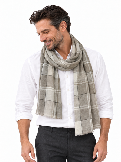 Aura Kashmir Earth Check – Cashmere-Schal am Aura-Model Mann, KI-generierte Trageansicht