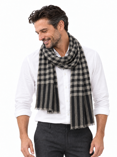 Aura Kashmir Noir Grid – Cashmere-Schal am Aura-Model Mann, KI-generierte Trageansicht