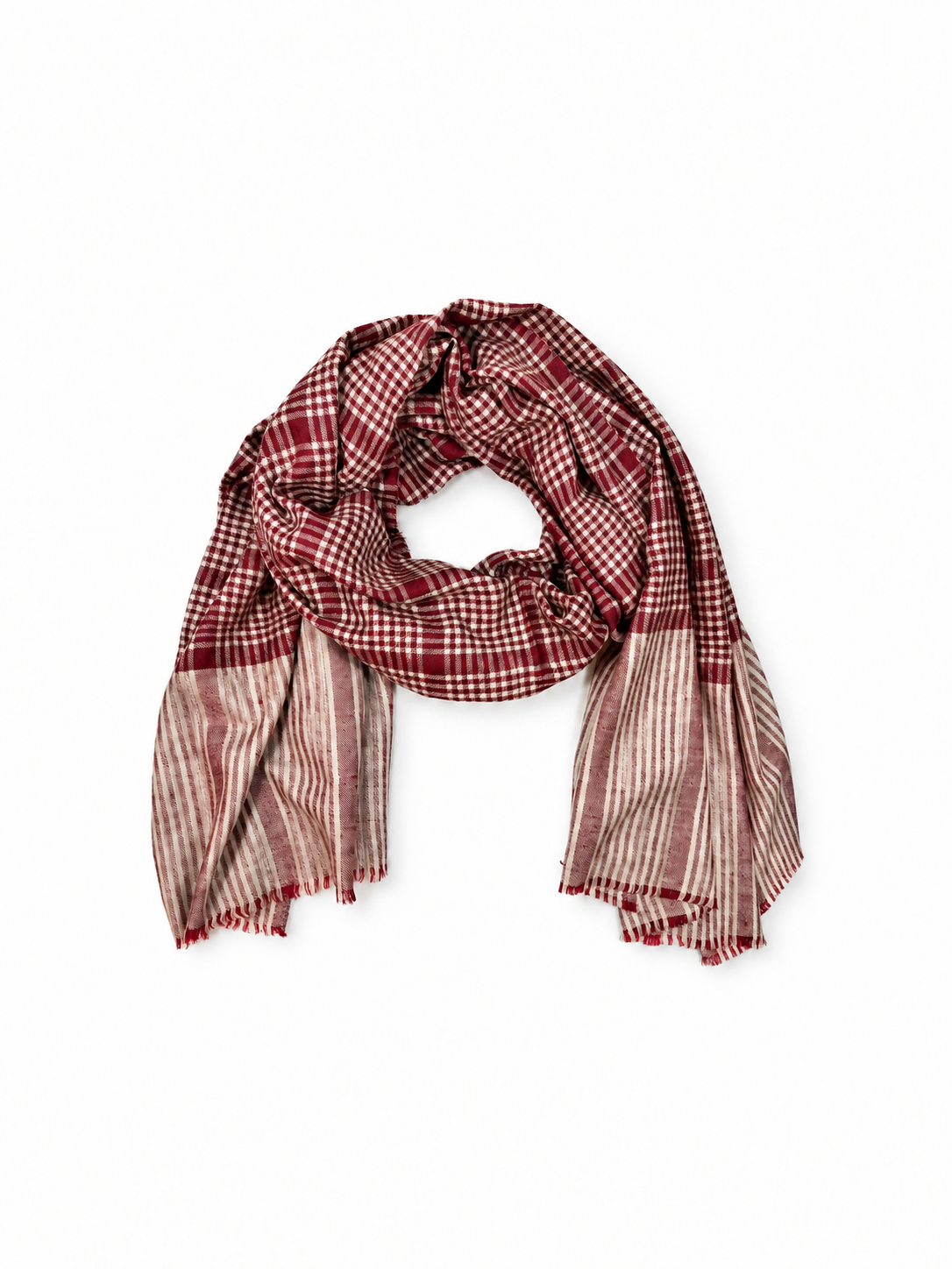 Kashmiri - Bordeaux Check – vollständiger Cashmere-Schal auf Weiss mit weichem Studioschatten