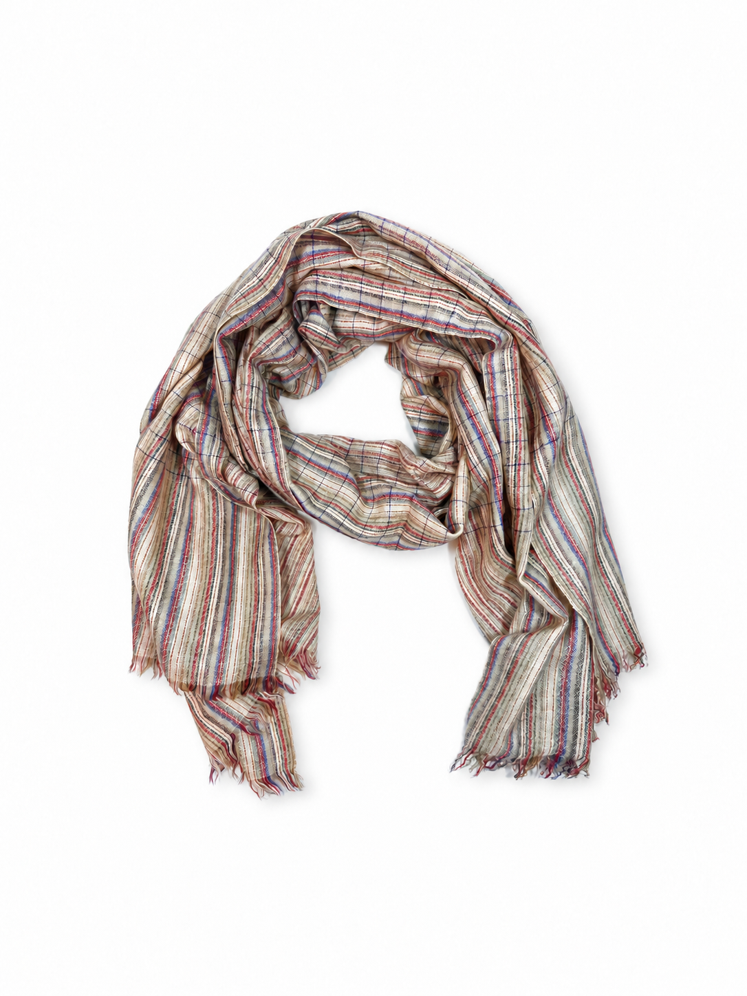 Kashmiri - Fine Multistripe – vollständiger Cashmere-Schal auf Weiss mit weichem Studioschatten