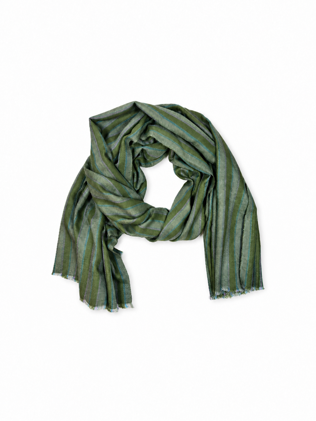 Kashmiri - Forest Stripes – vollständiger Cashmere-Schal auf Weiss mit weichem Studioschatten