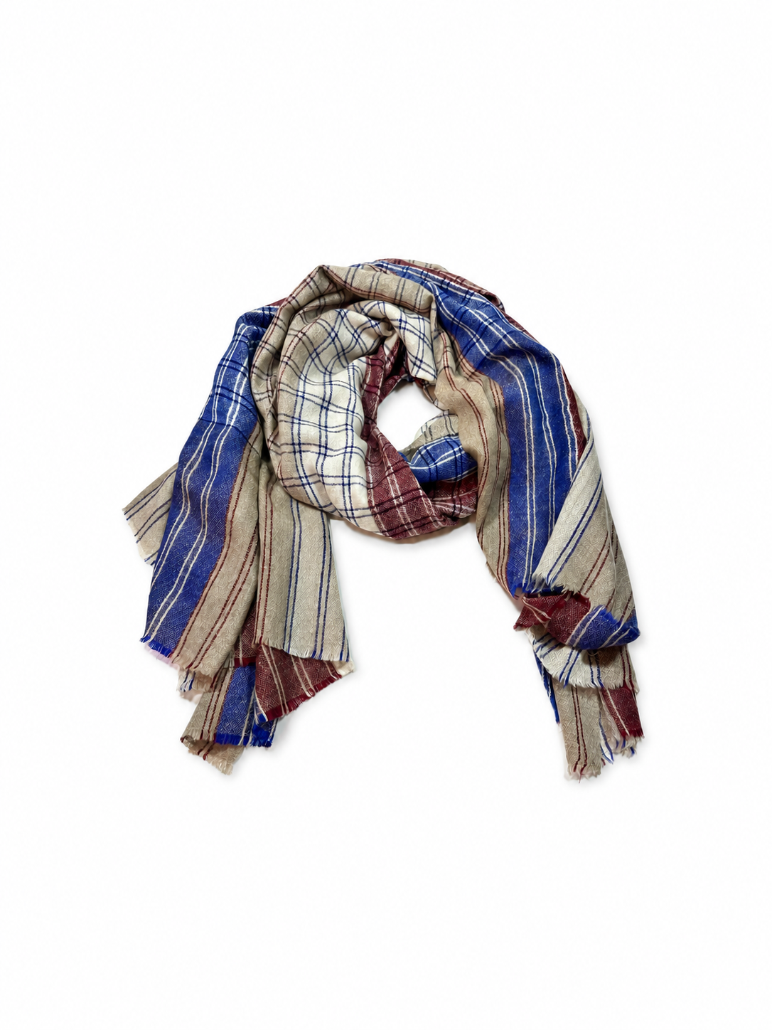 Kashmiri - Maritime Check – vollständiger Cashmere-Schal auf Weiss mit weichem Studioschatten