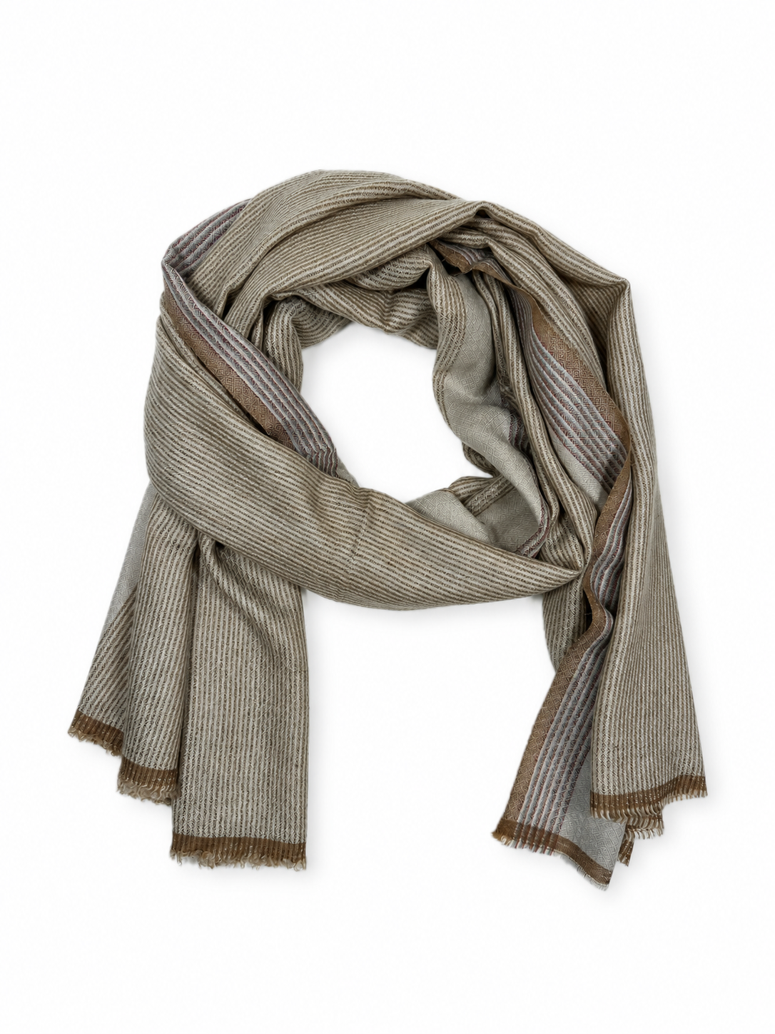 Kashmiri - Sahara Lines – vollständiger Cashmere-Schal auf Weiss mit weichem Studioschatten
