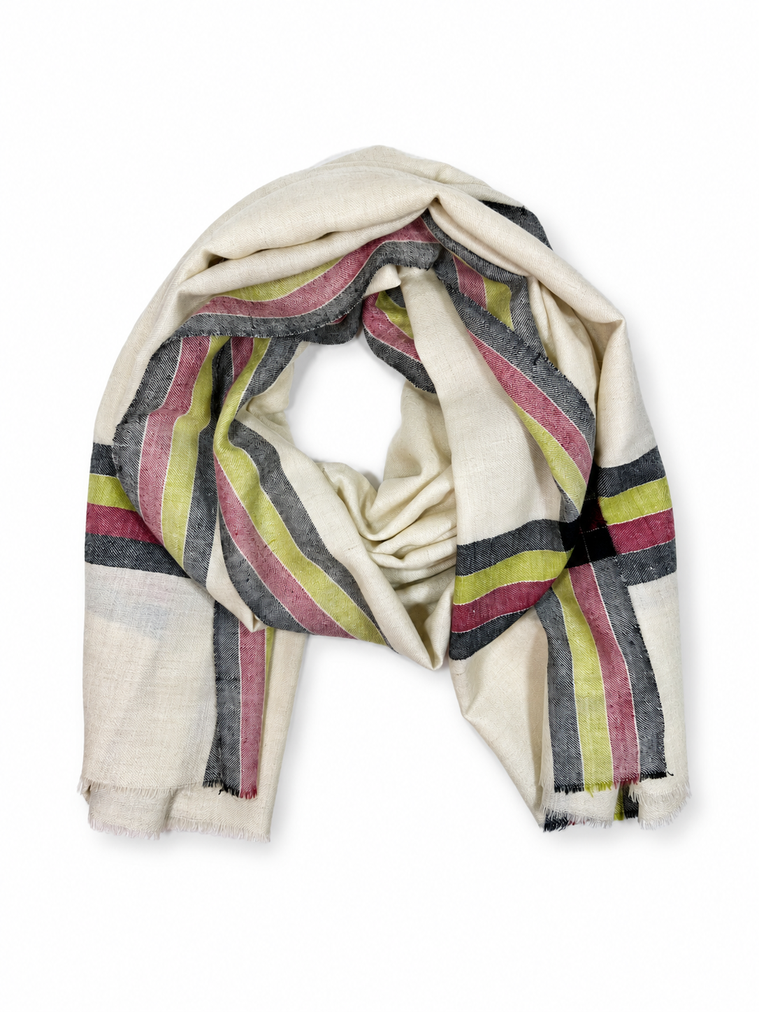 Kashmiri - Side Stripe Trio – vollständiger Cashmere-Schal auf Weiss mit weichem Studioschatten