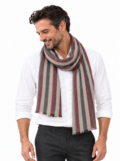 Kashmiri – Tricolor Stripes, 100 × 200 cm – KI-generierte Trageansicht Mann