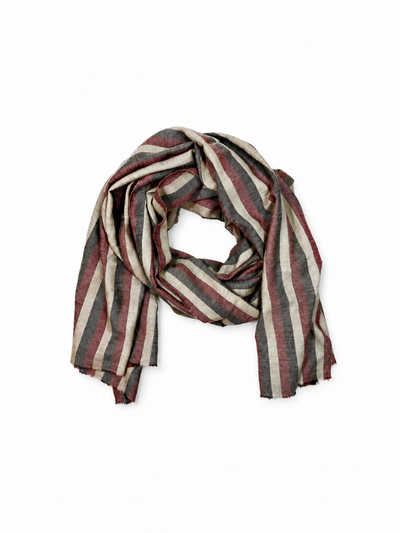 Kashmiri - Tricolor Stripes – vollständiger Cashmere-Schal auf Weiss mit weichem Studioschatten