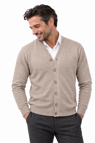 Link Natural – V-Neck-Cardigan für Herren – Naturhellbraun – 100% Cashmere