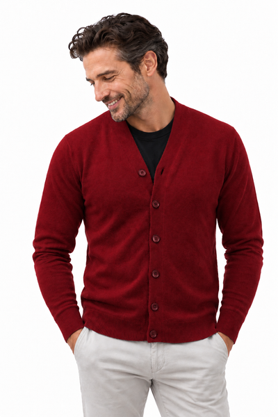 Link – V-Neck-Cardigan für Herren – Rubinrot – 100% Cashmere