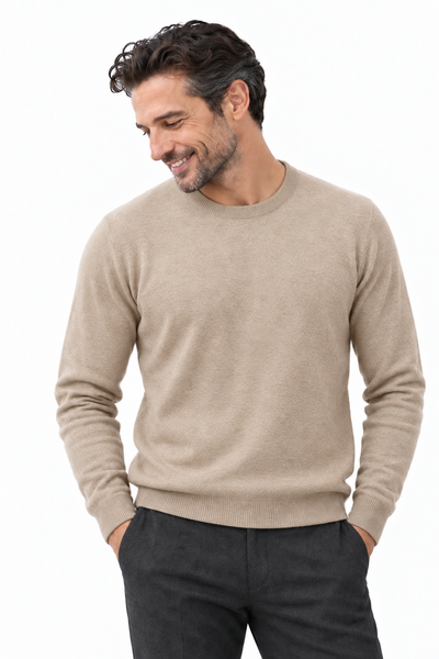 Round Natural – Rundhals-Pullover für Herren – Naturhellbraun – 100% Cashmere
