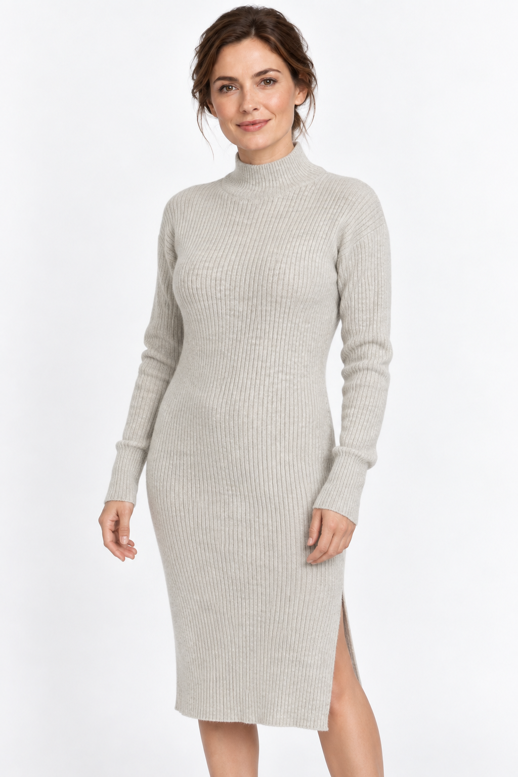 Aura Sidecut Strickkleid in Hellgrau – Vorderansicht