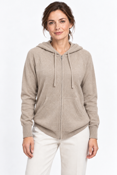 Pause Zip Natural – Cardigan con cappuccio unisex – Marrone chiaro naturale – Su un modello Aura [ND-1325-C10341]