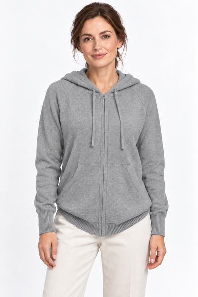 Pause Zip Natural – Cardigan con cappuccio unisex – Grigio chiaro naturale – Su un modello Aura [ND-1325-C10342]