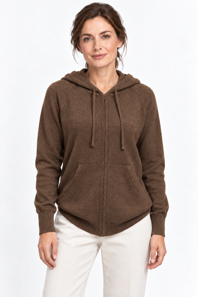 Pause Zip Natural – Cardigan con cappuccio unisex – Marrone scuro naturale – Su un modello Aura [ND-1325-C10343]