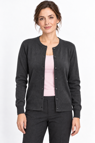 Button – Cardigan a girocollo da donna – Grigio nero – Su un modello Aura [ND-1385-C9926]