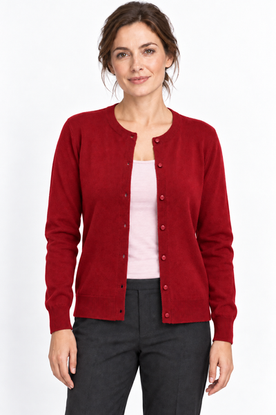 Button – Cardigan a girocollo da donna – Rosso rubino – Su un modello Aura [ND-1385-C9928]