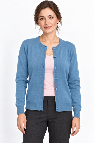 Button – Cardigan a girocollo da donna – Blu maya – Su un modello Aura [ND-1385-C9930]