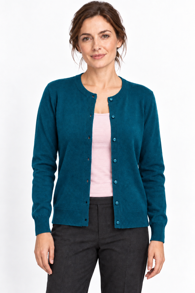 Button – Cardigan a girocollo da donna – Petrolio scuro – Su un modello Aura [ND-1385-C9933]