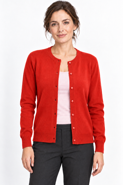 Button – Cardigan a girocollo da donna – Rosso – Su un modello Aura [ND-1385-C9934]