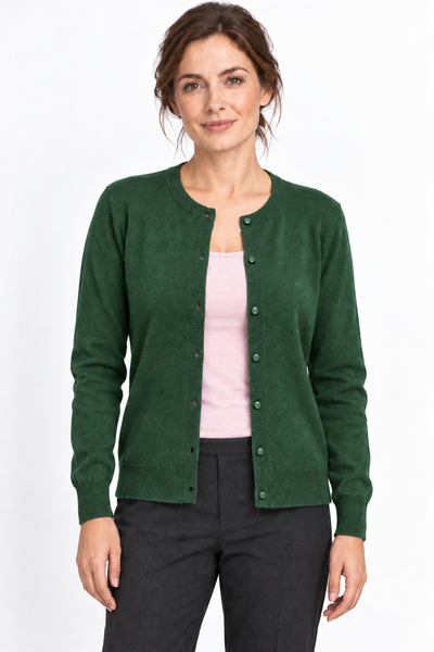Button – Cardigan a girocollo da donna – Verde bosco – Su un modello Aura [ND-1385-C9935]