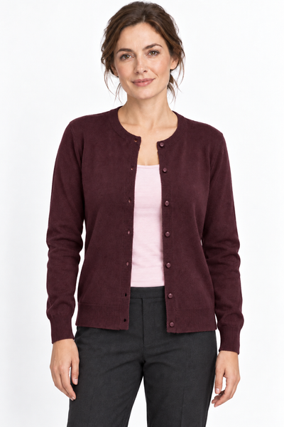 Button – Cardigan a girocollo da donna – Bordeaux – Su un modello Aura [ND-1385-C9952]