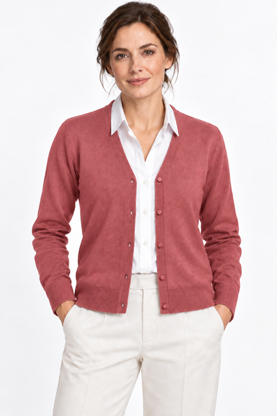 Link – Cardigan con scollo a V da donna – Rosa antico – Su un modello Aura [ND-1386-C10007]