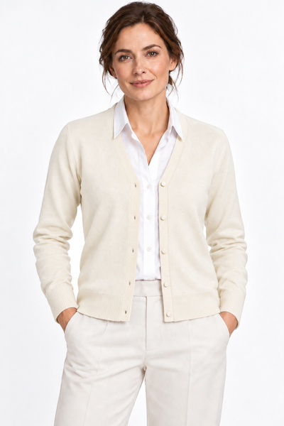 Link – Cardigan con scollo a V da donna – Bianco avorio – Su un modello Aura [ND-1386-C10019]