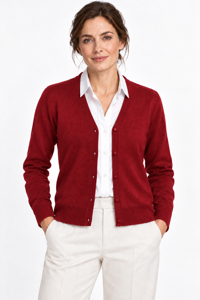 Link – Cardigan con scollo a V da donna – Rosso rubino – Su un modello Aura [ND-1386-C9989]
