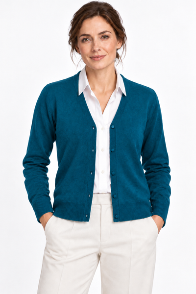 Link – Cardigan con scollo a V da donna – Petrolio scuro – Su un modello Aura [ND-1386-C9994]