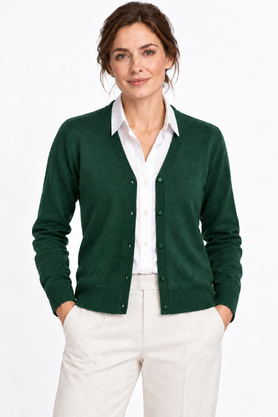 Link – Cardigan con scollo a V da donna – Verde bosco – Su un modello Aura [ND-1386-C9996]